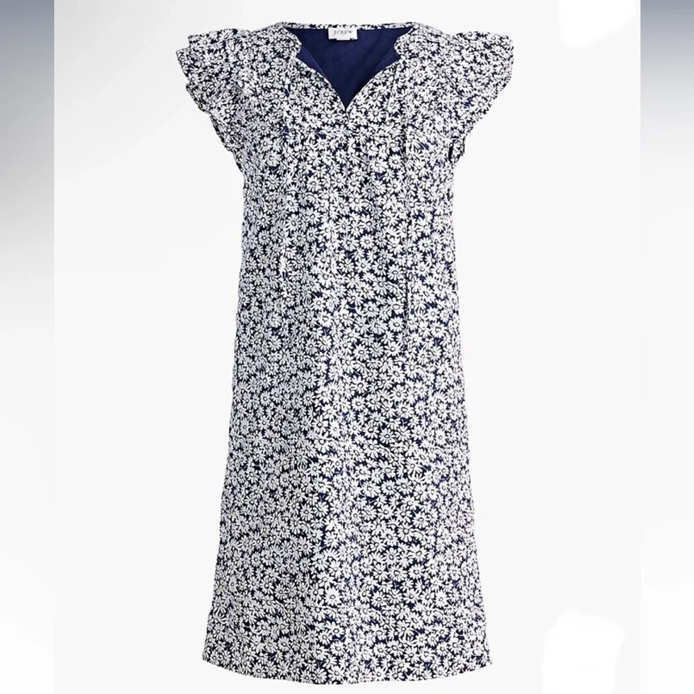 Jcrew Printed Flutter Sleeve Mini Dress Blue White Yellow Daisy Floral - Picture 2 of 9